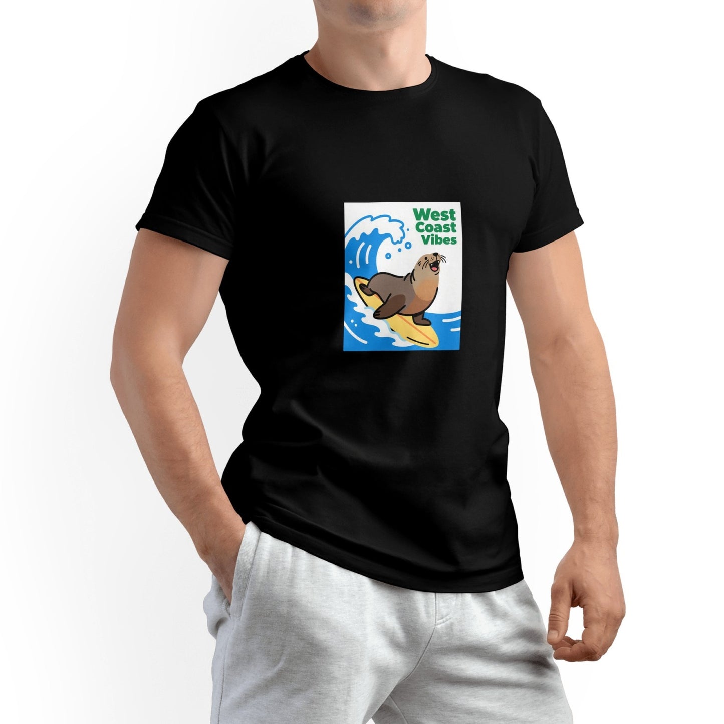 T-shirt en pur coton imprimé West Coast Seal pour homme – Col rond décontracté, légèrement élastique, idéal pour l'été, tissu tricoté, coupe classique pour adulte, chemise pour couple