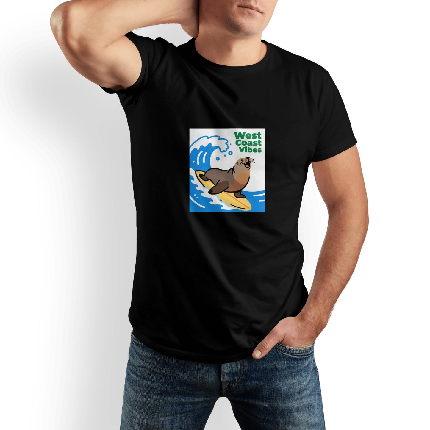T-shirt en pur coton imprimé West Coast Seal pour homme – Col rond décontracté, légèrement élastique, idéal pour l'été, tissu tricoté, coupe classique pour adulte, chemise pour couple