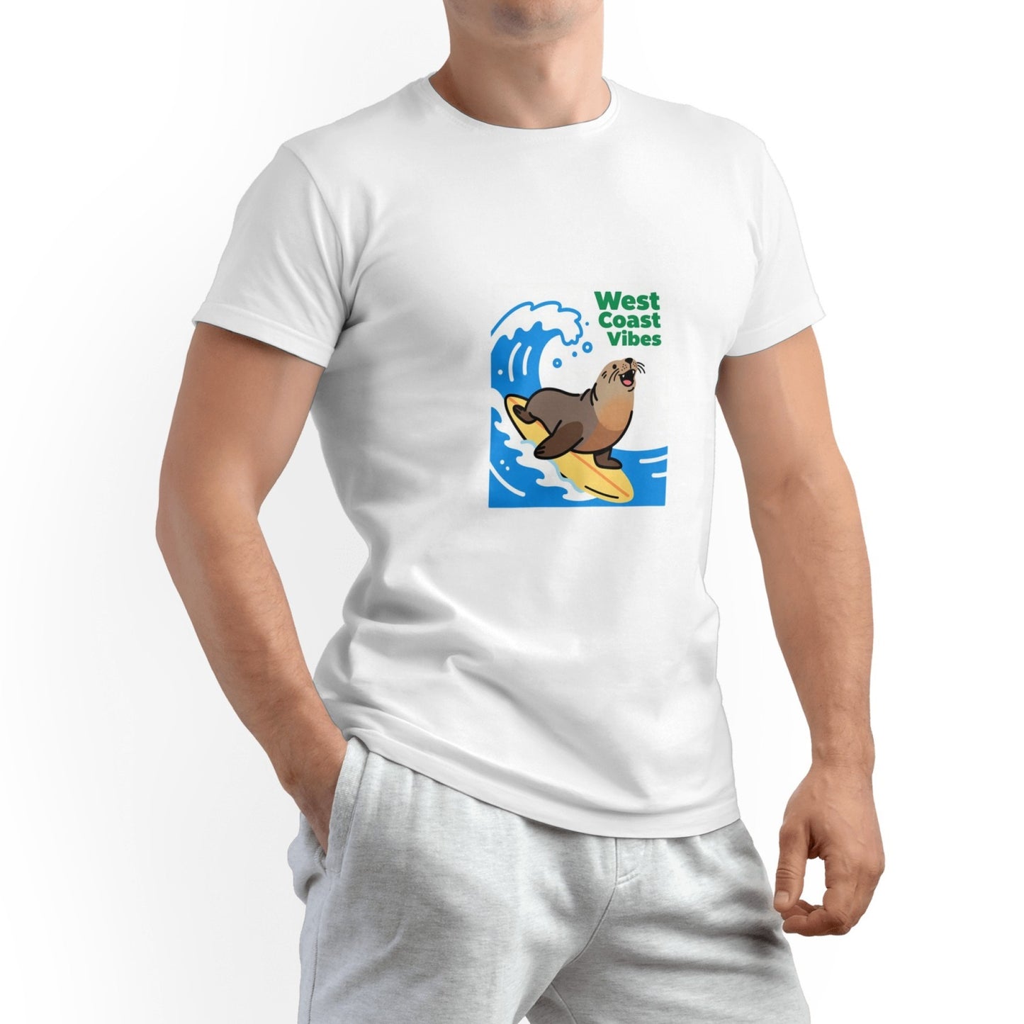 T-shirt en pur coton imprimé West Coast Seal pour homme – Col rond décontracté, légèrement élastique, idéal pour l'été, tissu tricoté, coupe classique pour adulte, chemise pour couple