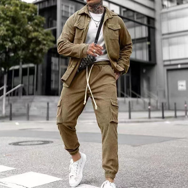 Casual Cotton Blend Sports Suit Set - Men's Long Sleeve Jacket & Trousers