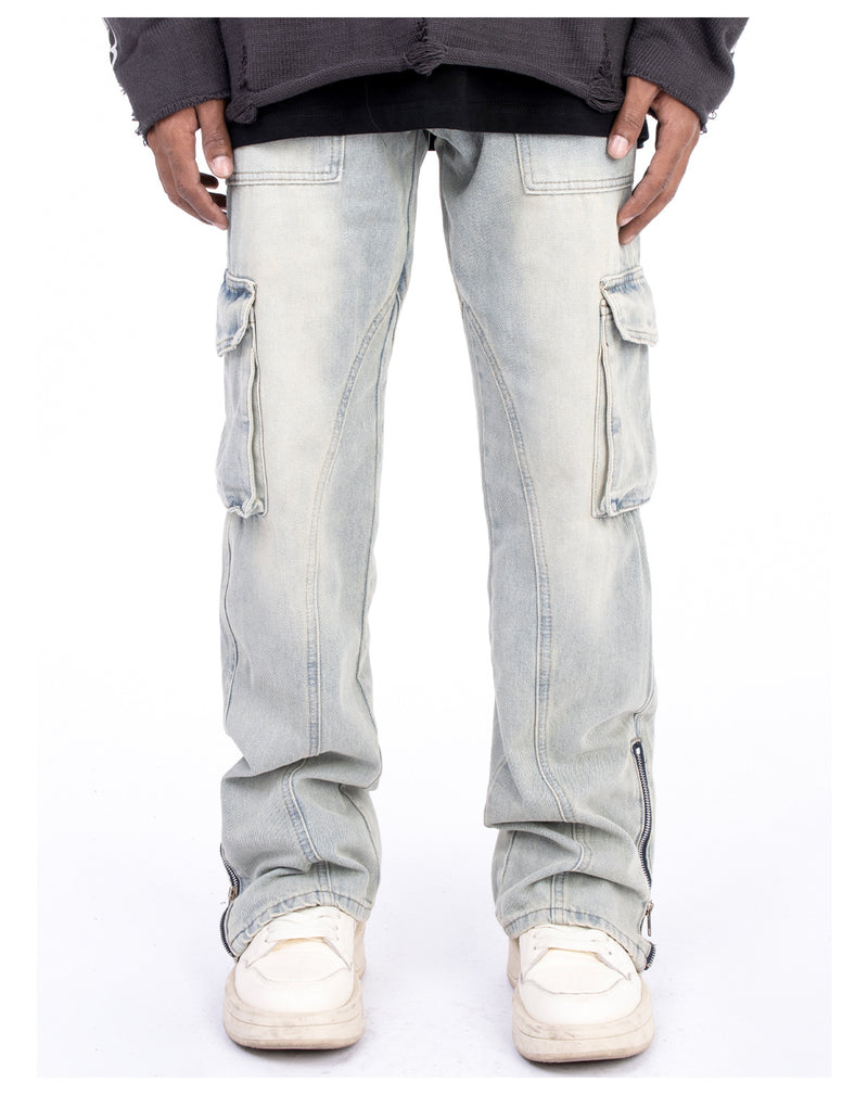 Vintage Washed Denim Jeans with Zipper Hem Detail - Men's Casual Pants