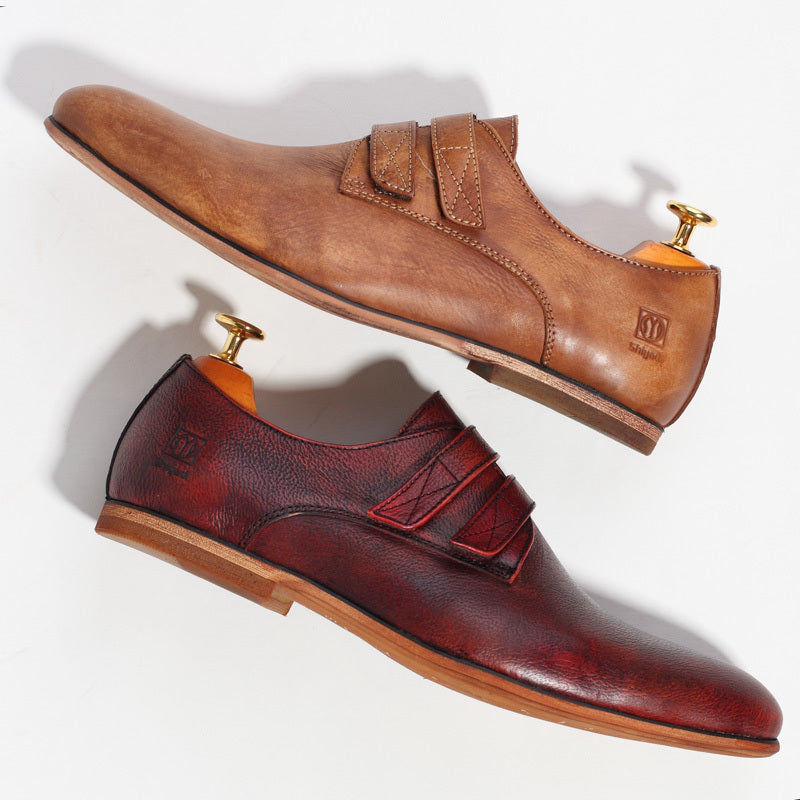 Premium Genuine Leather Handmade Vintage Oxford Men's Dress Shoes - Classic Wine Red & Yellow Business Formal Footwear
