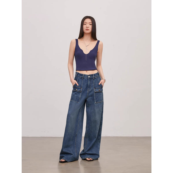 Washed Vintage Blue Straight-Leg Workwear Jeans for Women, igh-Waisted Pants