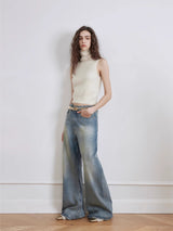 Modern Washed  Wrinkled Jeans Women's Spacious Straight Wide Leg Pants