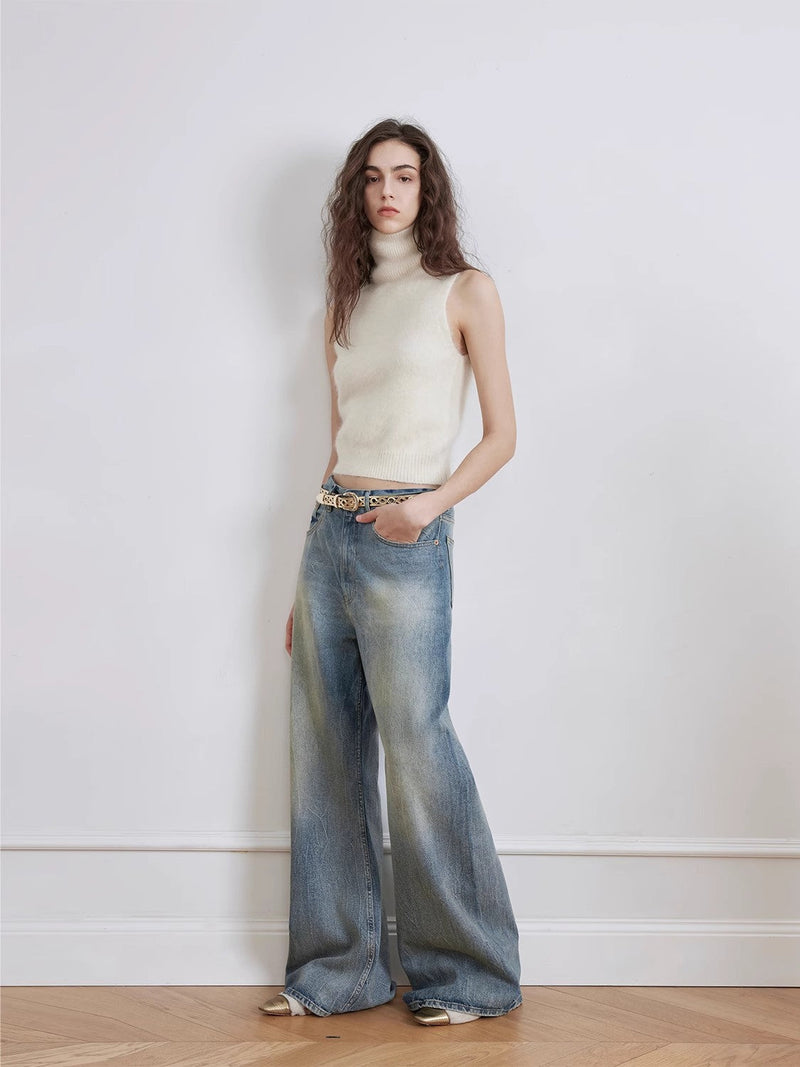 Modern Washed  Wrinkled Jeans Women's Spacious Straight Wide Leg Pants
