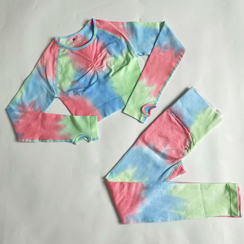 Women's Seamless Tie-Dye Gradient Athletic Set - Quick-Dry Knitted Gym Wear