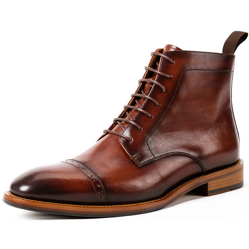 Genuine Cowhide Martin Boots - Men's High-Top Leather Footwear with Breathable Design