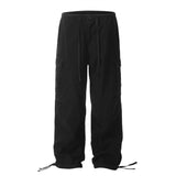 Men's Cotton Cargo Overalls - Pleated Drawstring Straight Leg Pants