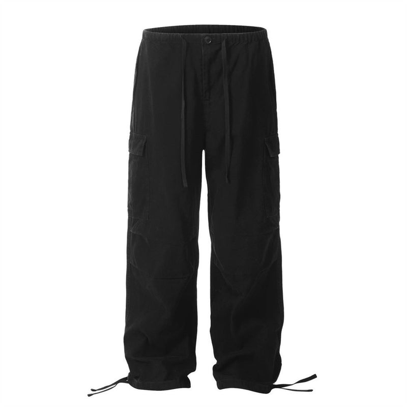 Men's Cotton Cargo Overalls - Pleated Drawstring Straight Leg Pants