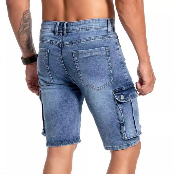 Men's Light Blue Denim Cargo Shorts - Multi-Pocket Summer Workwear