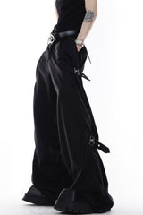 Breathable Polyester Wide-Leg Cargo Pants with Decorative Straps