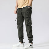Men's Multi-Pocket Cotton Work Pants - Elastic Waist Casual Cargo Trousers