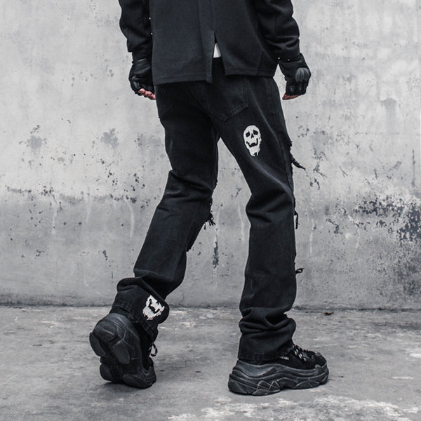 Rebellious Skull Crossbones Distressed Denim - Men's Statement Jeans