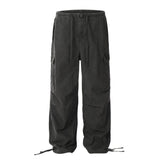 Men's Cotton Cargo Overalls - Pleated Drawstring Straight Leg Pants
