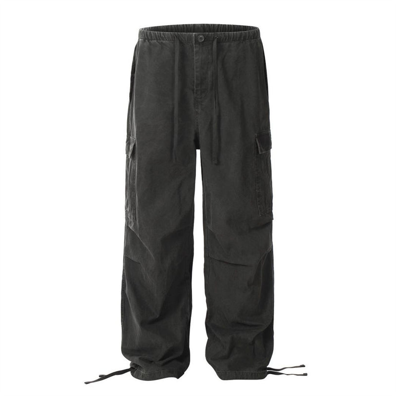 Men's Cotton Cargo Overalls - Pleated Drawstring Straight Leg Pants
