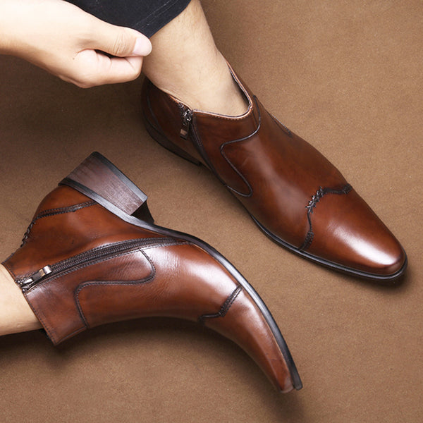 Premium Korean Style Men's Leather Martin Boots - Waterproof Cowhide Mid-Calf Boots