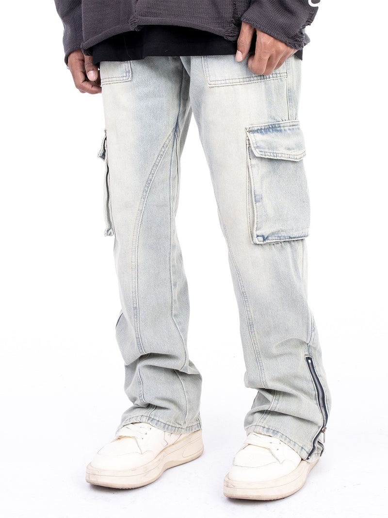 Vintage Washed Denim Jeans with Zipper Hem Detail - Men's Casual Pants