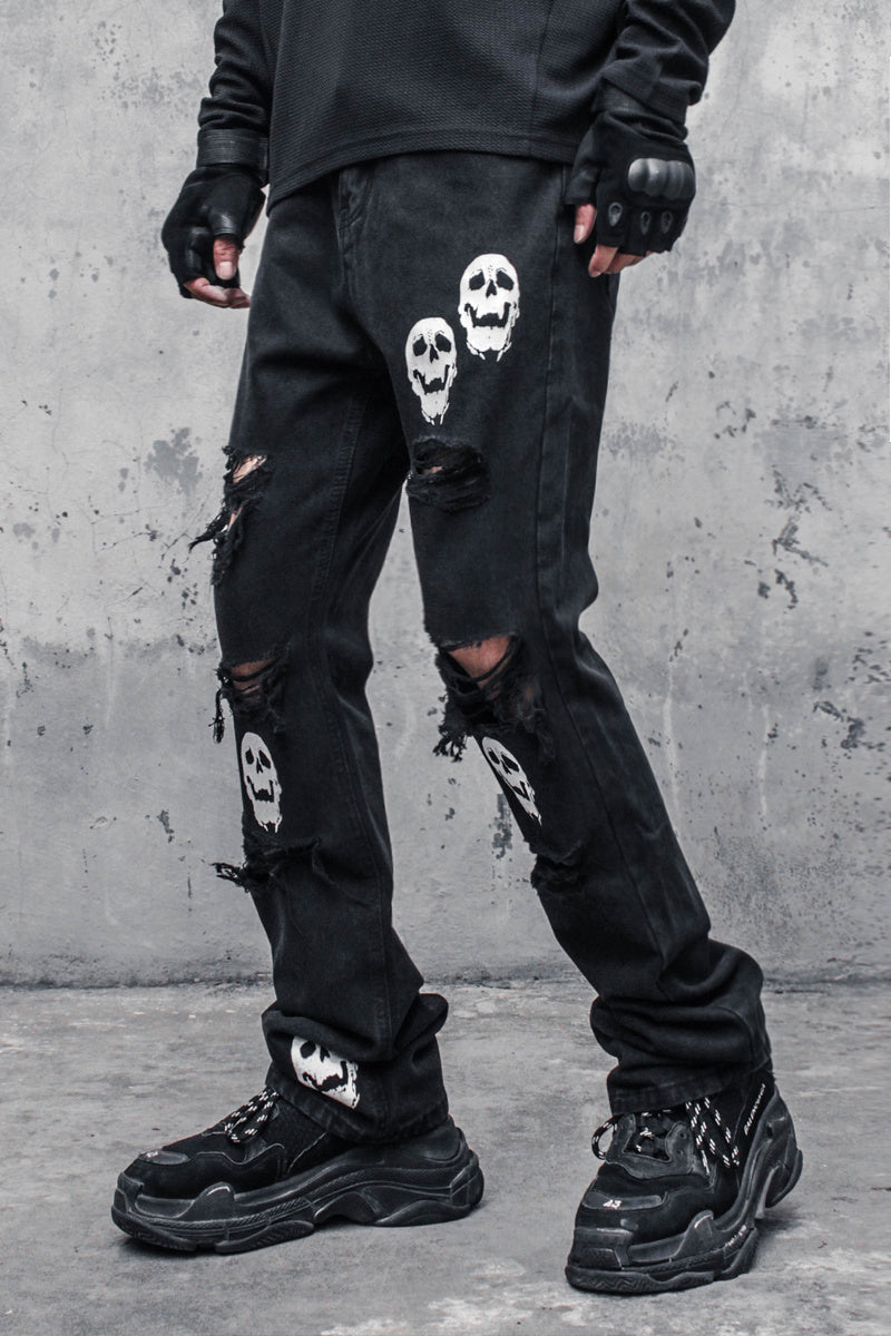 Rebellious Skull Crossbones Distressed Denim - Men's Statement Jeans