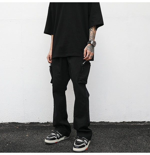 Stylish Black Wide-Leg Cargo Overalls with Multiple Pockets