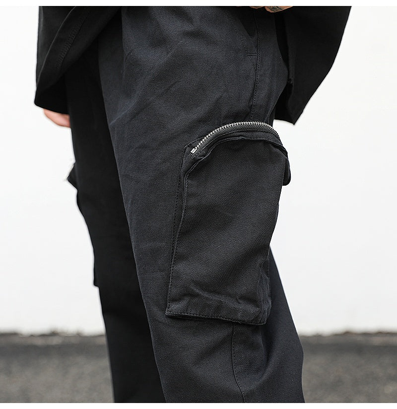 Stylish Black Wide-Leg Cargo Overalls with Multiple Pockets