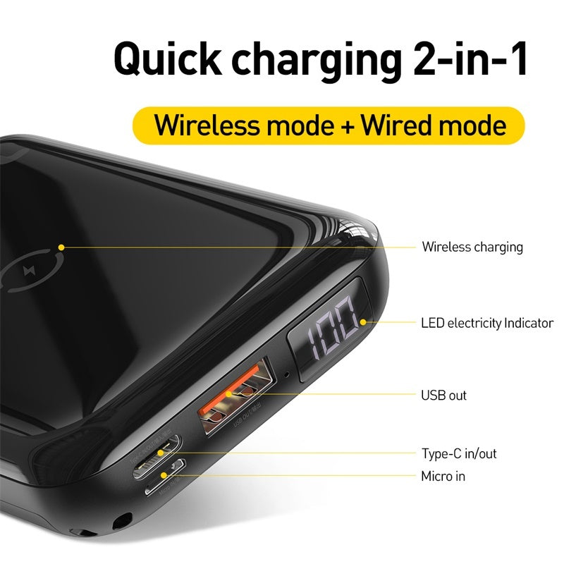 Premium 10000mAh Wireless Power Bank with LED Digital Display - Compact Fast Charging Portable Battery