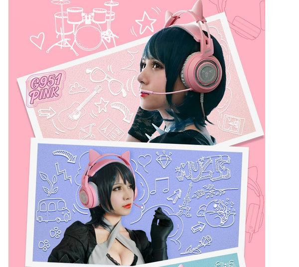 G951 Gaming Headset - USB 7.1 Virtual Surround Sound with LED Cat Ears & Vibration Technology