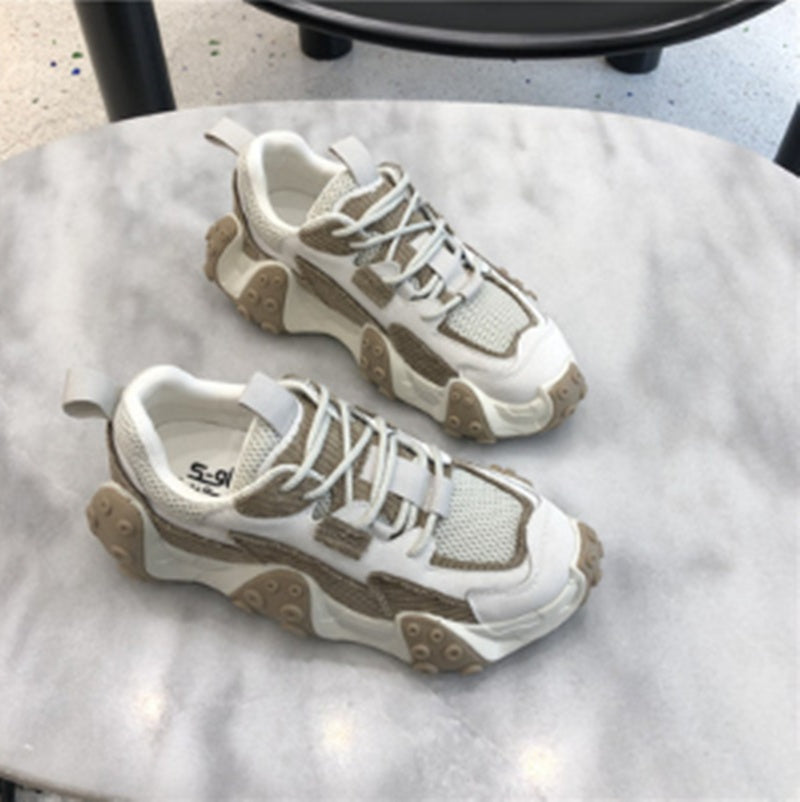 Korean Style Platform Sneakers - Women's Lace-Up Cross Strap Shoes with Sponge Cake Bottom