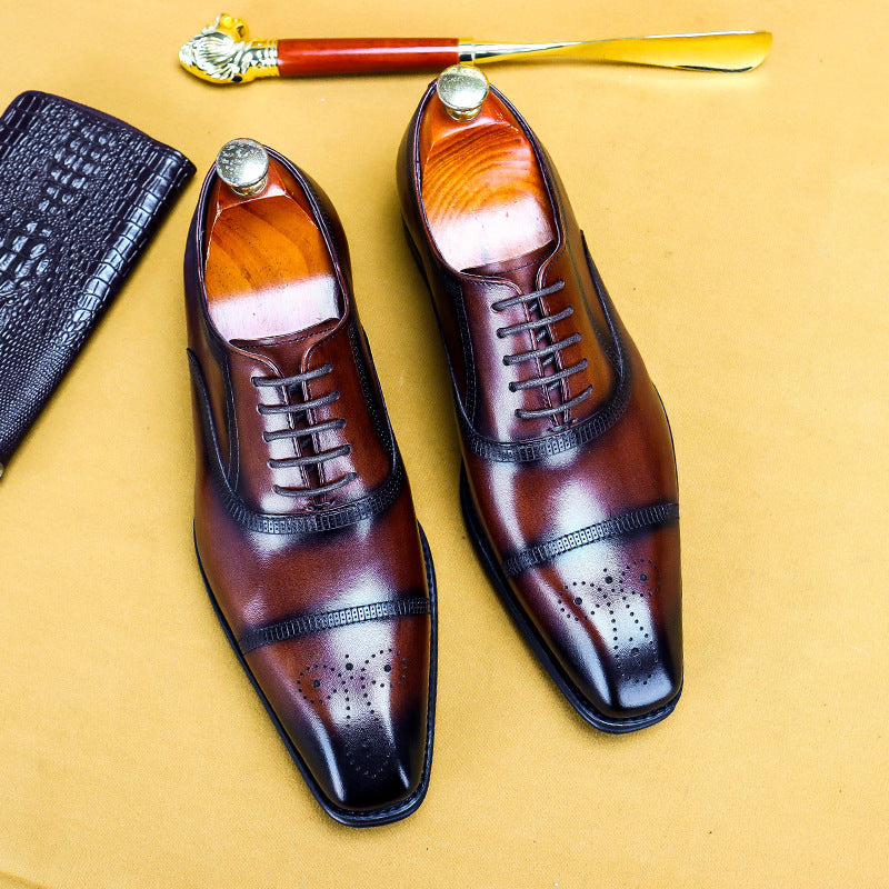 Fawei Road Oxford Brogue Shoes - Cowhide Square Toe Dress Shoes for Men