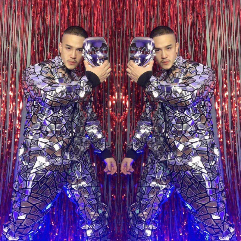 Silver Mirror Reflective Overalls - Mechanical Dance Costume for Men