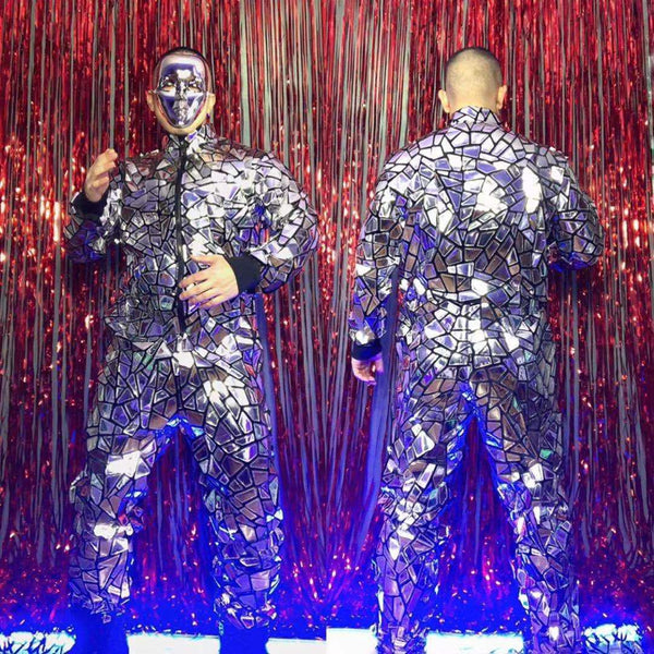 Silver Mirror Reflective Overalls - Mechanical Dance Costume for Men