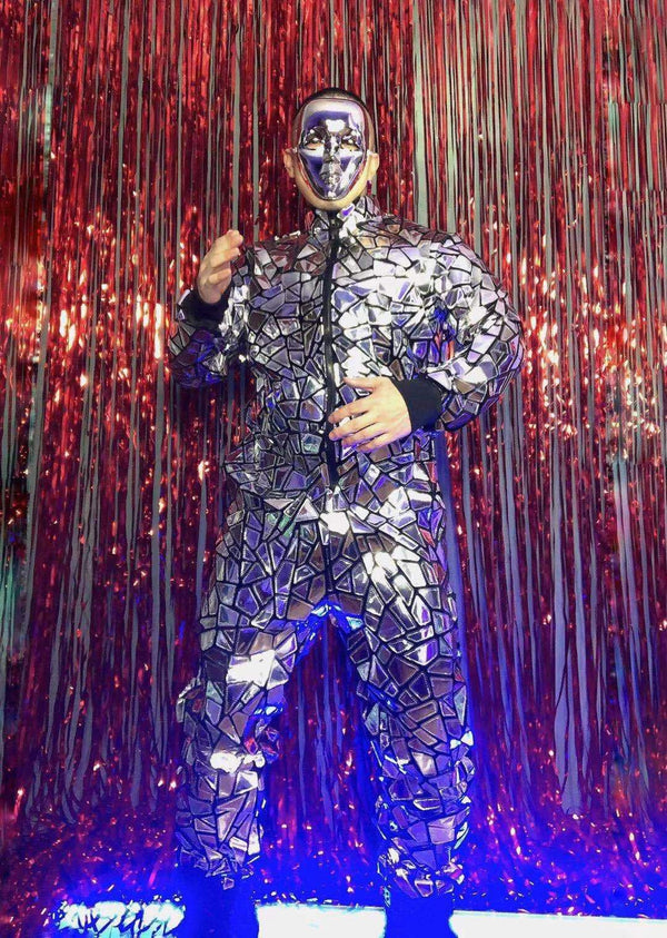 Silver Mirror Reflective Overalls - Mechanical Dance Costume for Men