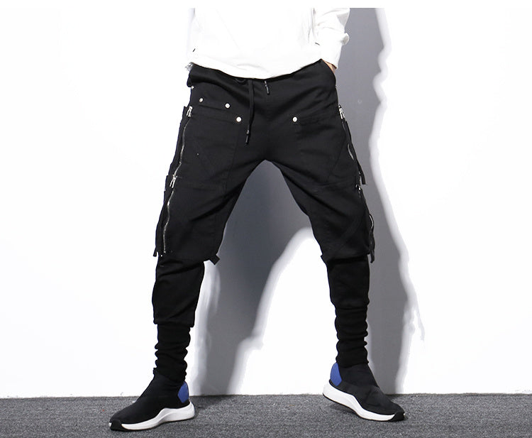 Men's Cotton Cargo Harem Pants - Comfortable Loose Fit Black Trousers Size L