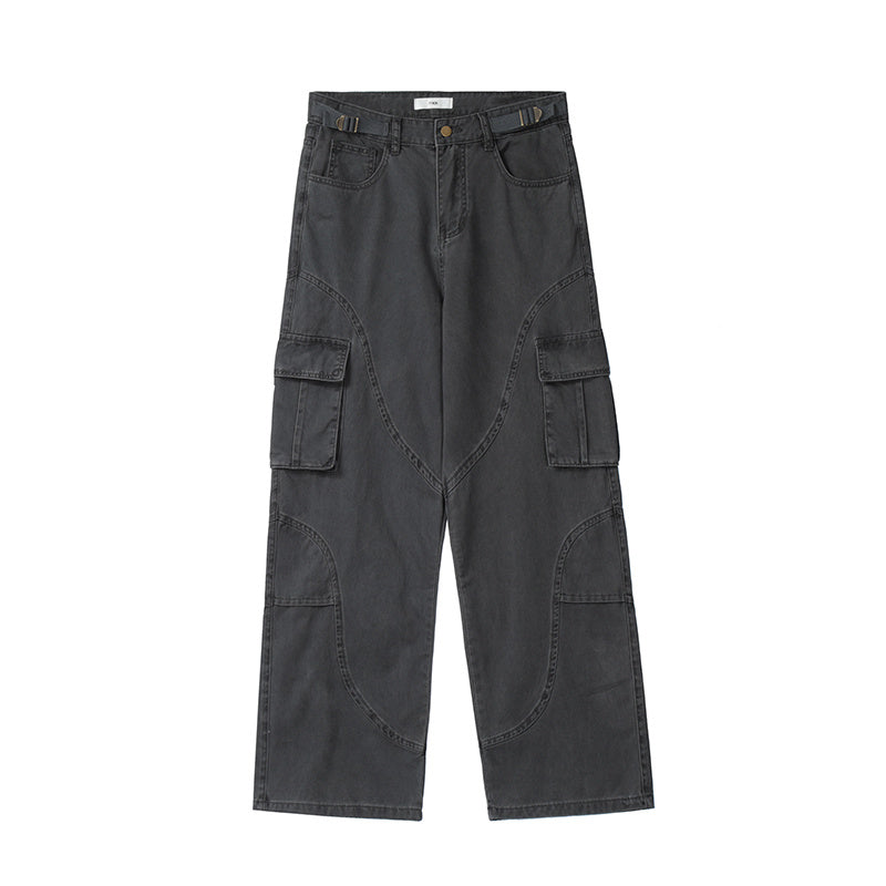Vintage Washed Denim Overalls - Loose Straight Leg Men's Cargo Pants