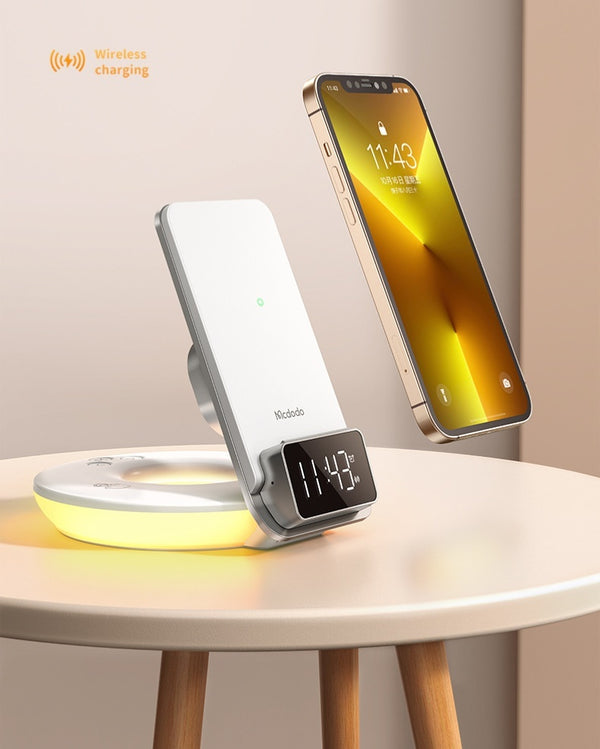 Premium 15W Fast Wireless Charging Station with Night Light & Digital Clock