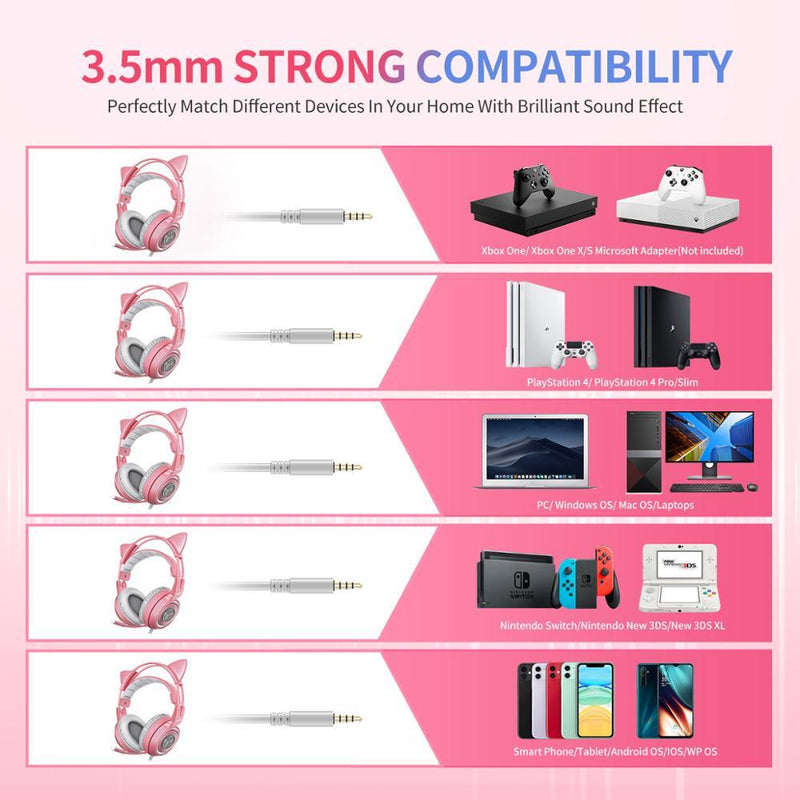 Adorable Cat Ear Gaming Headset - Pink G951s Wired Headphones with Microphone for PC, PS4, Phone & Tablet