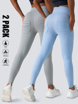 Premium High-Waisted Athletic Leggings with Side Pockets - 2 Pack Set