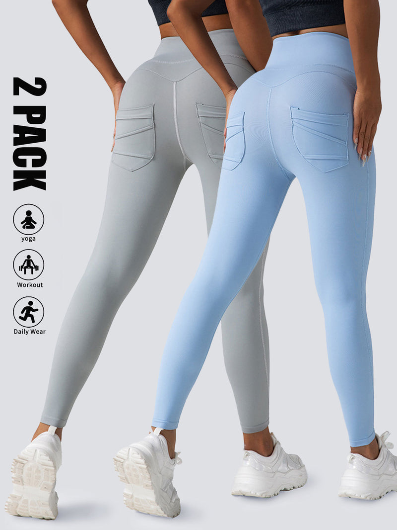 Premium High-Waisted Athletic Leggings with Side Pockets - 2 Pack Set