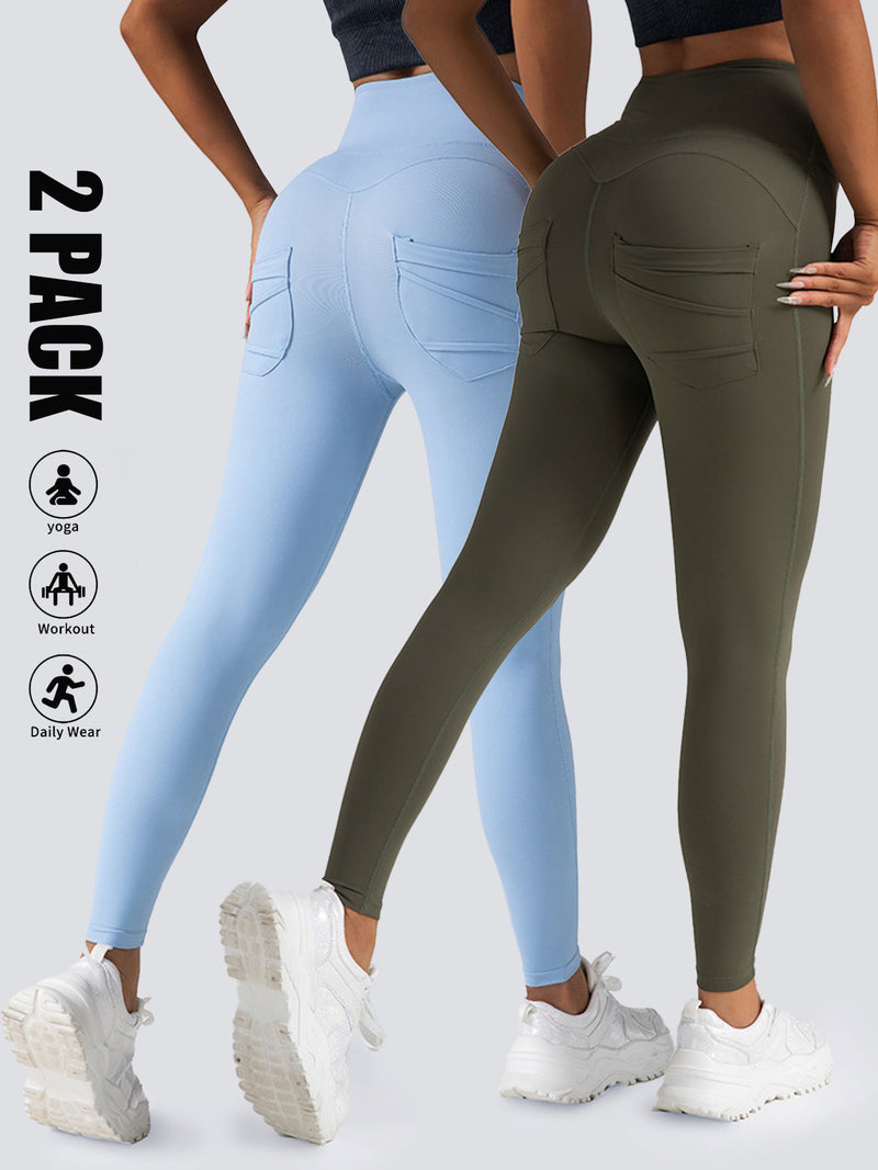 Premium High-Waisted Athletic Leggings with Side Pockets - 2 Pack Set