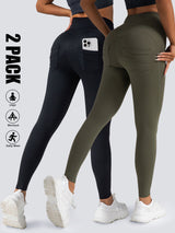 Premium High-Waisted Athletic Leggings with Side Pockets - 2 Pack Set