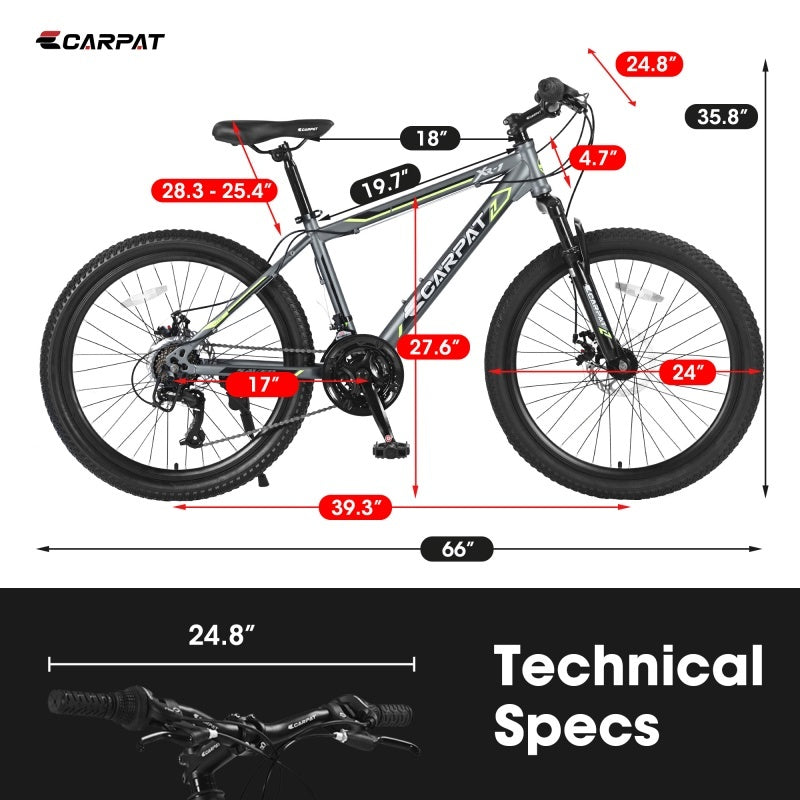 Adventure-Ready 24" Mountain Bike - Steel Frame with Shimano 21-Speed & Dual Disc Brakes