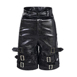 Stylish Black PU Leather Shorts - Men's Casual Cropped Pants with Ring Detail