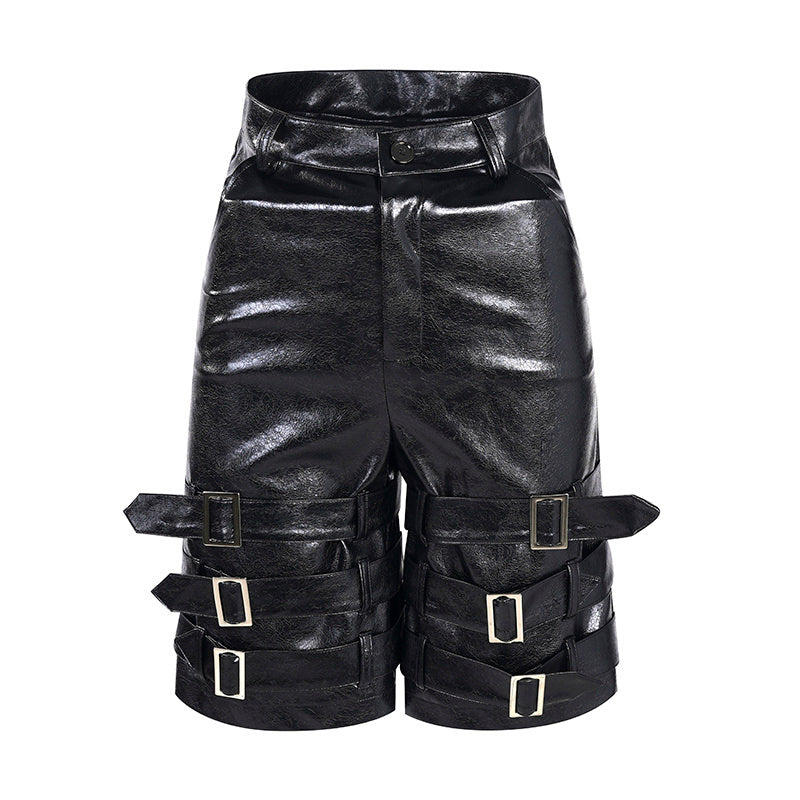 Stylish Black PU Leather Shorts - Men's Casual Cropped Pants with Ring Detail