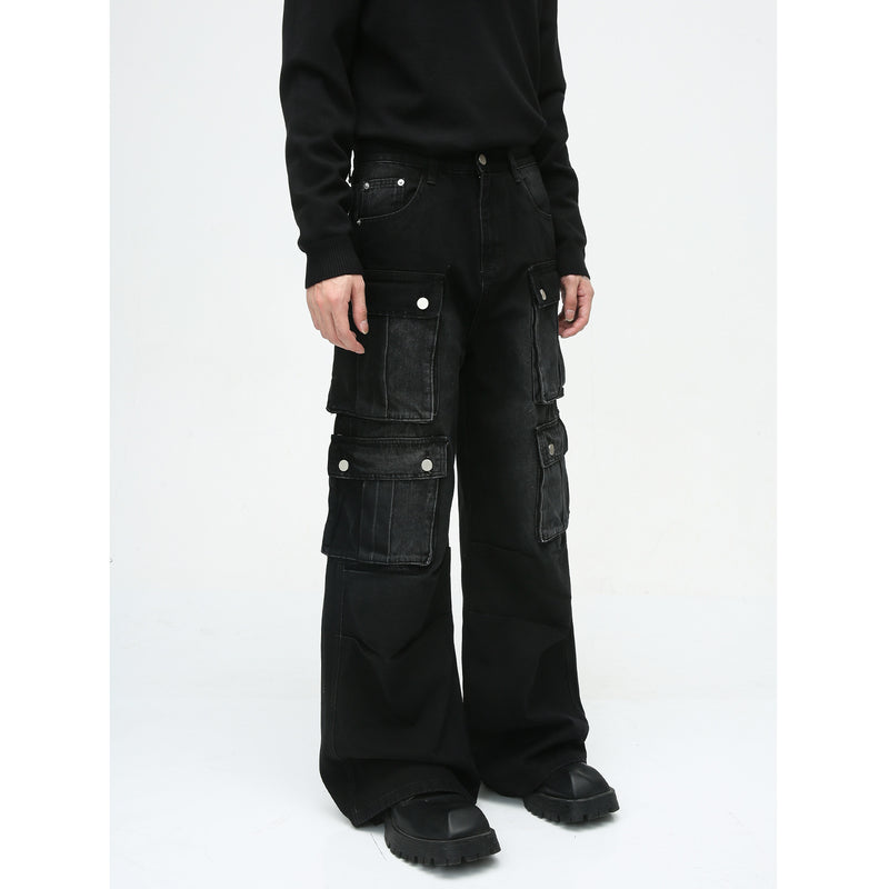 Retro Multi-Pocket Wide Leg Cargo Jeans - Korean Style Men's Tooling Pants