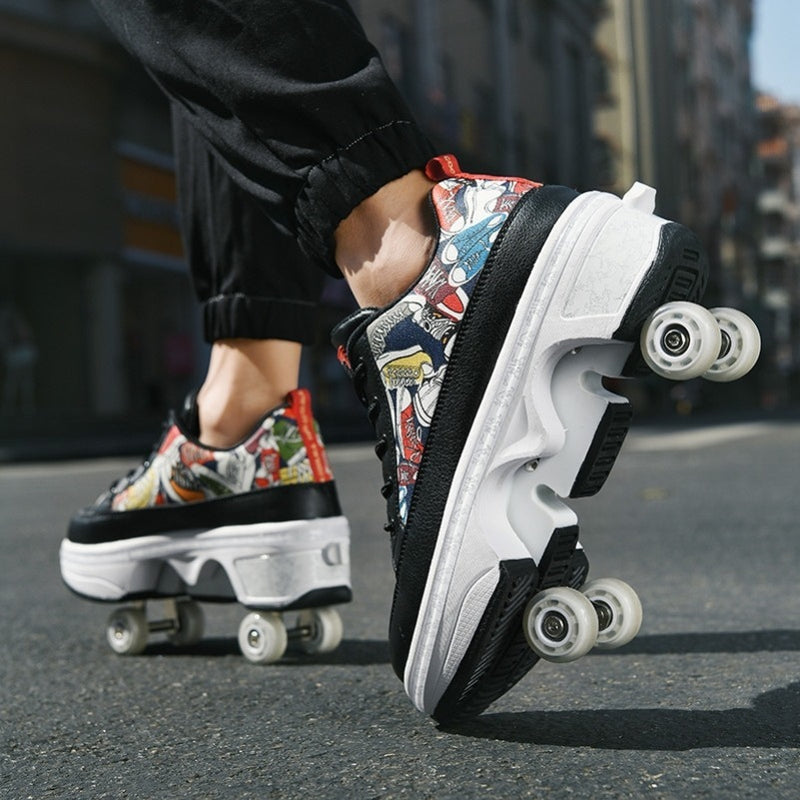 LED Light-Up Roller Skate Shoes - 4-Wheel Deformation Sports Sneakers for Adults & Students