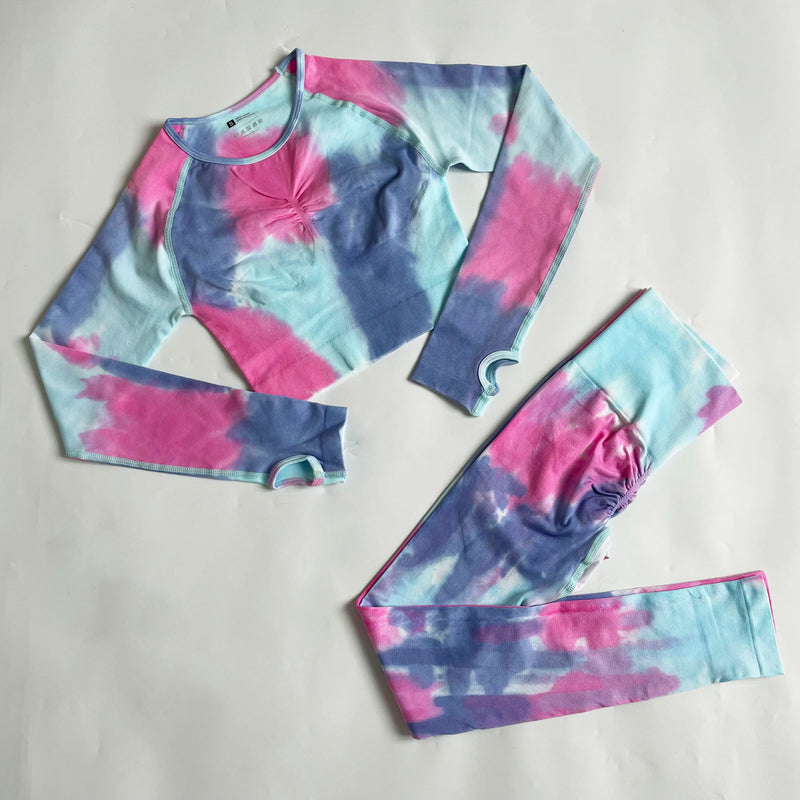 Women's Seamless Tie-Dye Gradient Athletic Set - Quick-Dry Knitted Gym Wear