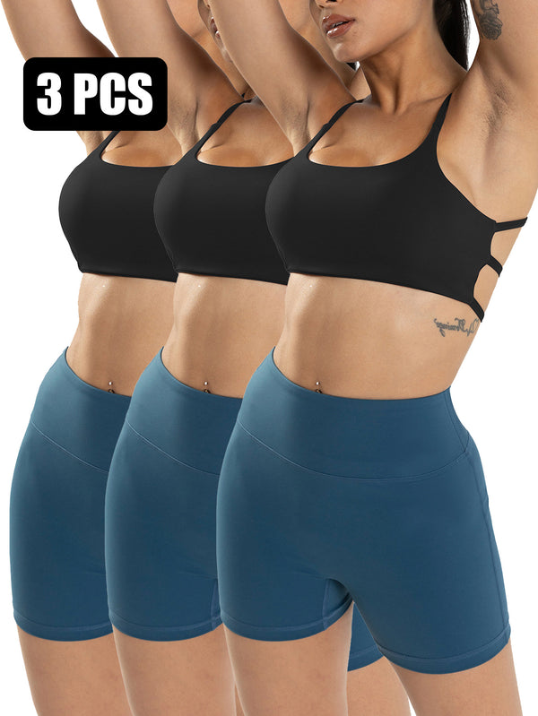 Premium 3-Pack Sports Bras - Padded Strappy Design with Removable Cups for Medium Support