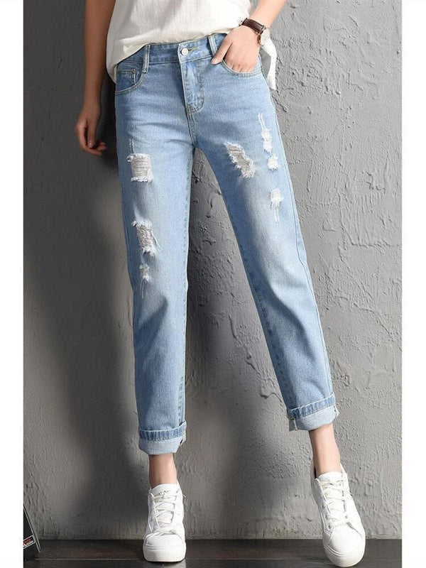 Women Fashion  Boyfriend Big Ripped Hole Jeans Casual High Street Denim Pants