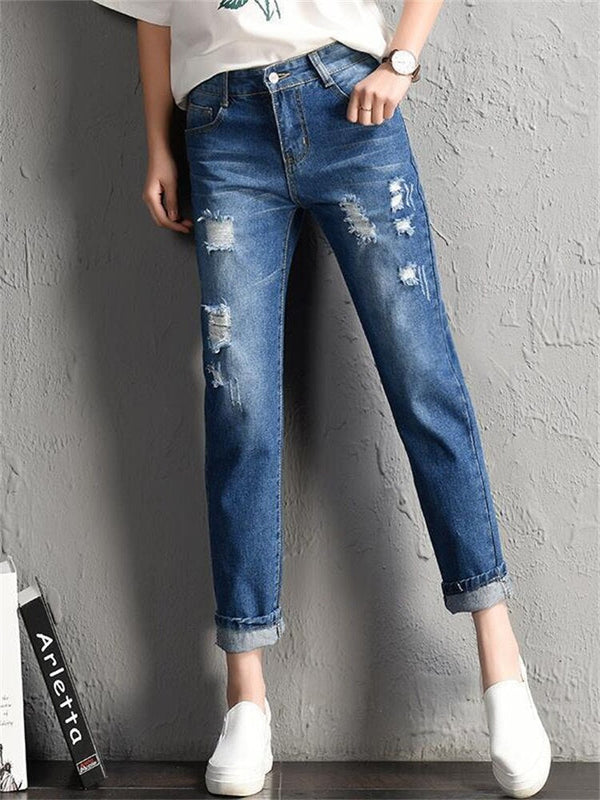 Women Fashion  Boyfriend Big Ripped Hole Jeans Casual High Street Denim Pants