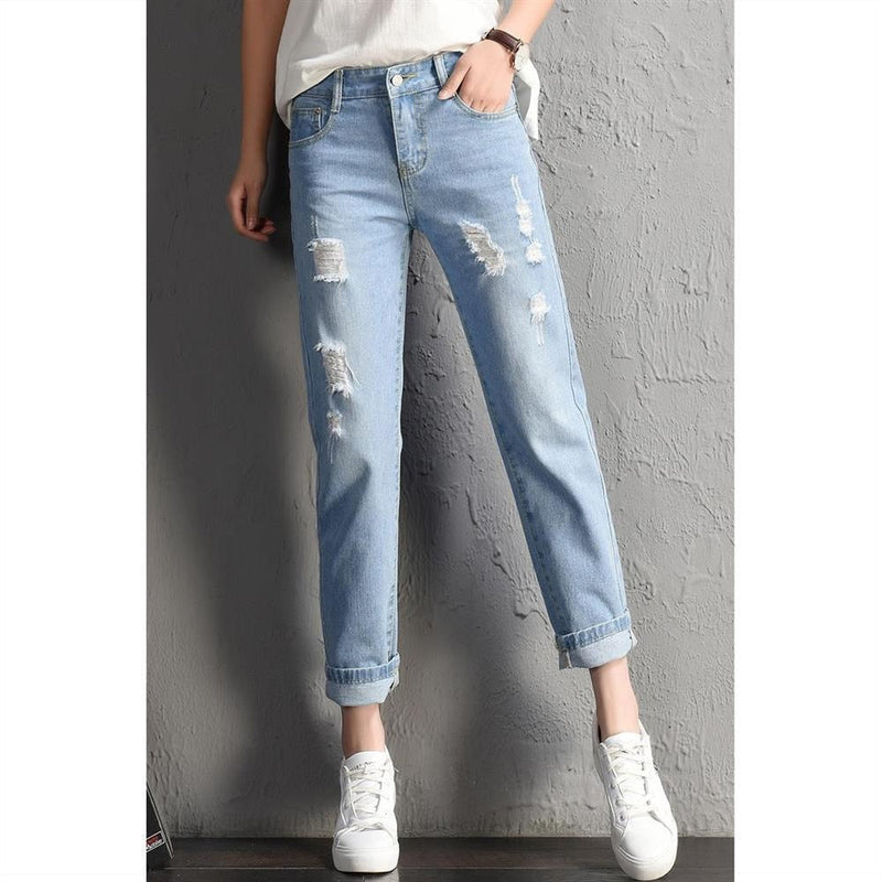 Women Fashion  Boyfriend Big Ripped Hole Jeans Casual High Street Denim Pants
