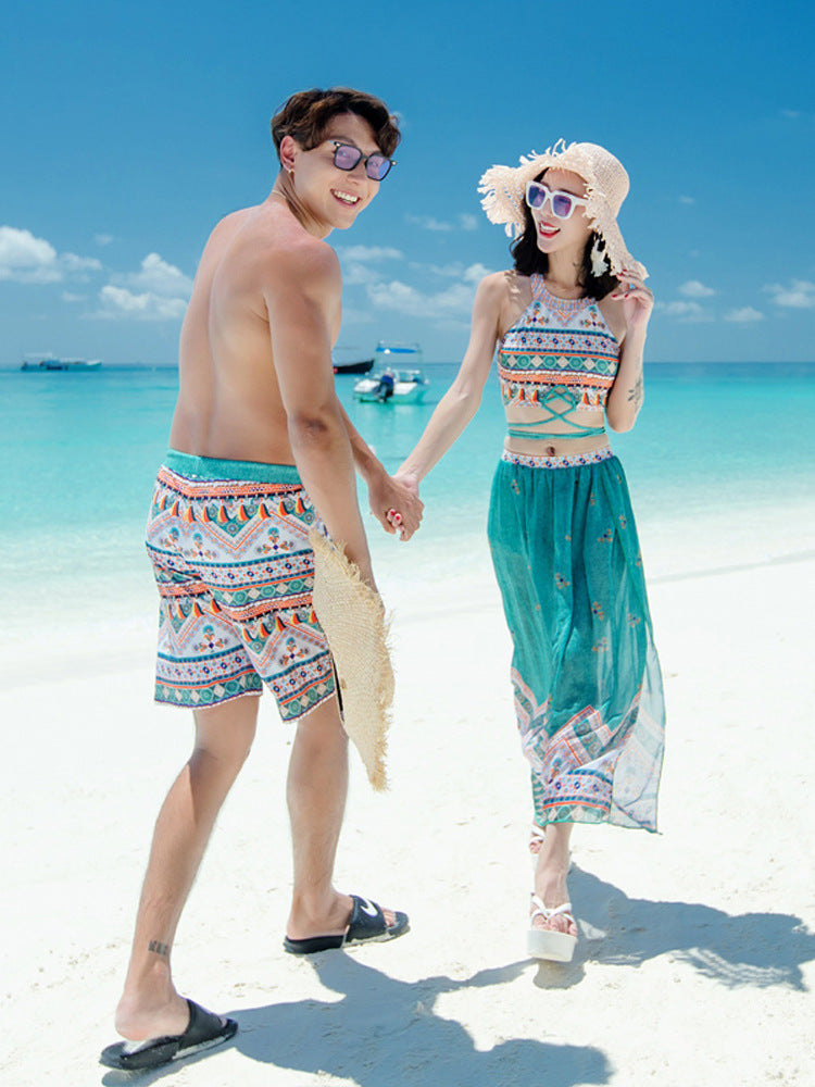 Stylish Couple Split Swimsuit Set - Polyester Beach Swimwear for Men & Women